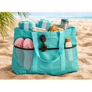 Beach Tote Bag Large Mesh Pool Bag w/ Pockets – Lightweight Travel Tote 20” Wide